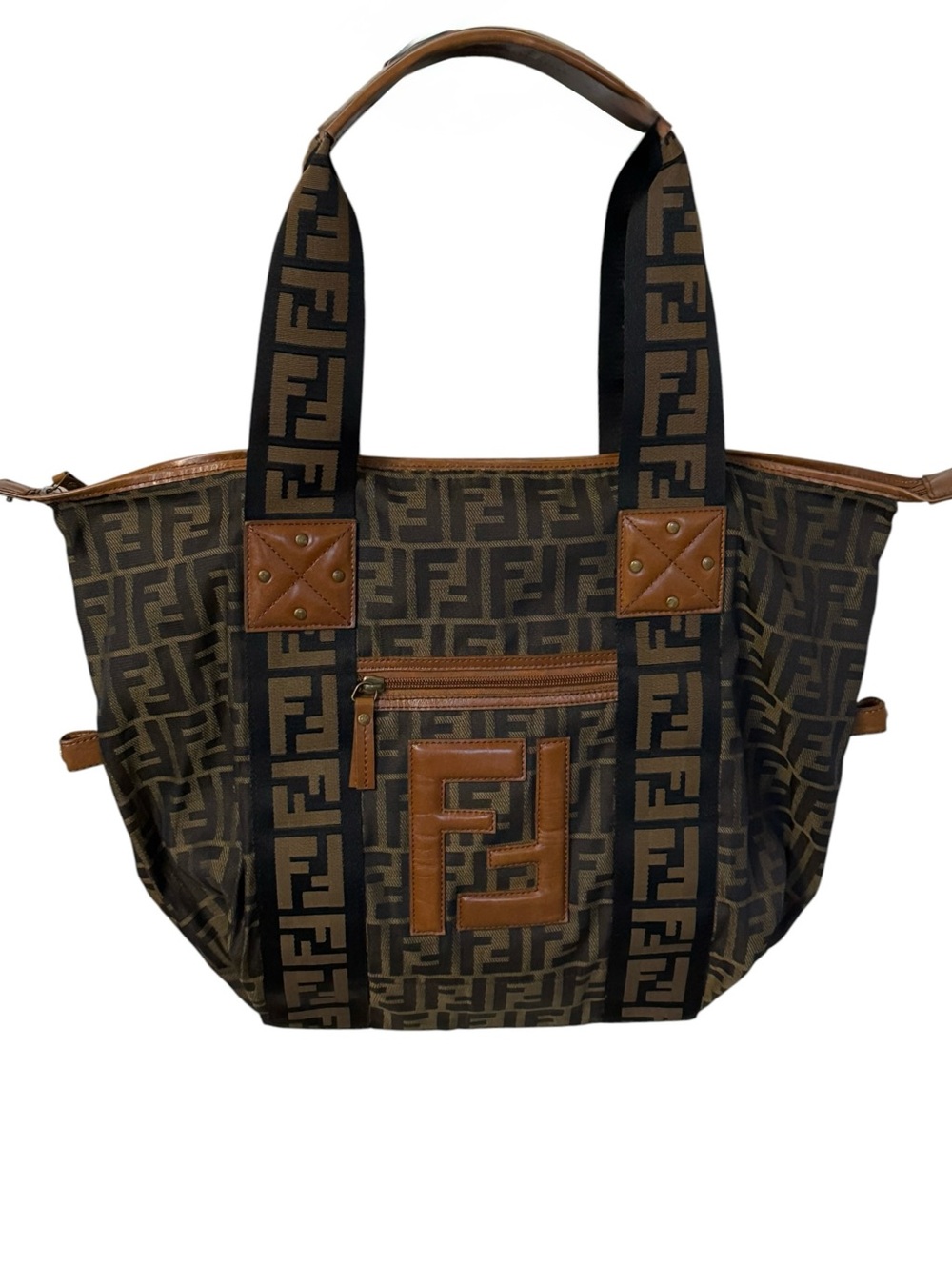 FENDI Zucca Vitello Patchwork Convertible Shoulder Weekender Tote Bag Large